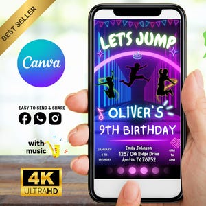 Puede incluir: Un teléfono inteligente muestra una invitación de cumpleaños con el texto "LET'S JUMP" y "OLIVER'S 9TH BIRTHDAY". El diseño presenta siluetas saltando, colores neón y detalles del evento. El logotipo de Canva y los iconos de redes sociales también son visibles.