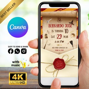 May include: A smartphone displays a birthday invitation with a parchment design. The invitation reads "Bernardo Jose is turning 10" with the date and time. A red wax seal with a letter "H" is at the bottom. The phone also shows Canva and social media icons.