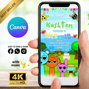Puede incluir: Un teléfono inteligente muestra una colorida invitación de cumpleaños para el 5º cumpleaños de Kashten. El diseño presenta personajes de dibujos animados, globos y los detalles del evento. El logotipo de Canva y los iconos de redes sociales también son visibles.