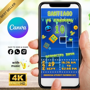 Geometry Dash Birthday Video Invitation | Animated Digital Party Invite for Boys | Personalized Editable Gamer Theme for Kids Celebration