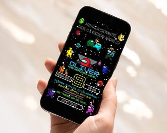 Among Us-style birthday video invitation, editable Canva template with music & animation, fun space party digital invite