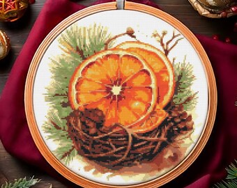 Christmas decoration dried orange slices, pine cone and branches. Watercolor Painting. Counted Cross Stitch PDF Pattern. Hand Embroidery.