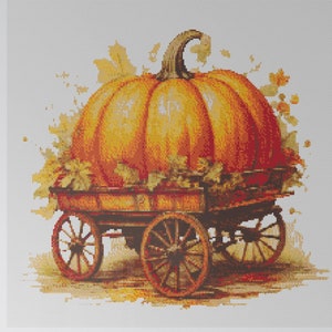 Thanksgiving Day-pompoen op een vintage kar. Aquarel gemaakt met herfstkleuren. Geteld kruissteek PDF-patroon. Handborduurwerk.
