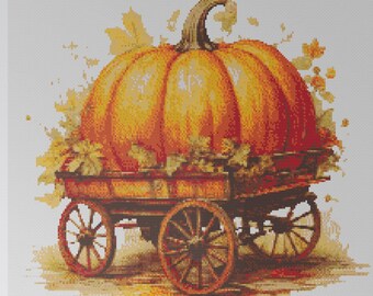 Thanksgiving Day pumpkin on a vintage cart. Watercolor painting made with autumn colors. Counted Cross Stitch PDF Pattern. Hand Embroidery.