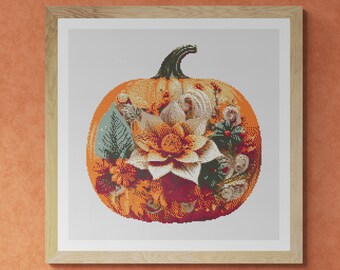 Floral Decorated Pumpkin Thanksgiving Day. Watercolor painting made with autumn colors. Counted Cross Stitch PDF Pattern. Hand Embroidery.