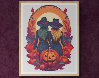 Two Witches with carved Halloween Pumpkin. Watercolor illustration made with fall colors. Counted Cross Stitch PDF Pattern. Hand Embroidery.