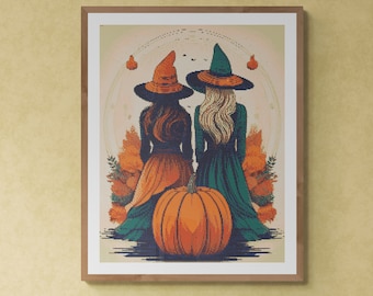Two Witches with carved Halloween Pumpkin. Watercolor illustration made with fall colors. Counted Cross Stitch PDF Pattern. Hand Embroidery.