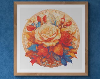 Beatiful Rose bouquet with autumn leaves. Hand drawn watercolor painting in fall colors. Counted Cross Stitch PDF Pattern. Hand Embroidery.