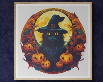 Black Cat in Witch Hat. Pumpkins and full moon. Watercolor illustration with fall colors. Counted Cross Stitch PDF Pattern. Hand Embroidery.
