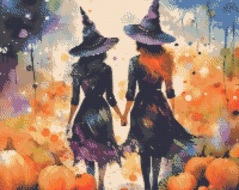 Two Witches with carved Halloween Pumpkin. Watercolor illustration made with fall colors. Counted Cross Stitch PDF Pattern. Hand Embroidery.
