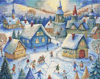 Winter Landscape. A fairytale village scene in winter. Kids skating and playing snowball. Counted Cross Stitch PDF Pattern. Hand Embroidery.