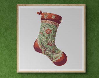 Christmas Sock Decorated. Snowflakes, Ornament and Flowers. Counted Cross Stitch PDF Pattern, PDF for Diamond Painting and Pattern Keeper.