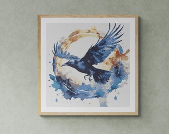 Colorful Raven Illustration. Watercolor Style with Splashes. Counted Cross Stitch PDF Pattern, PDF for Diamond Painting and Pattern Keeper.