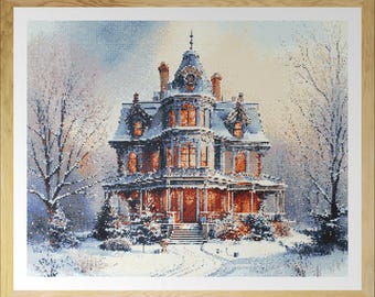 Victorian Style House in winter landscape with Christmas decoration. Watercolor painting. Counted Cross Stitch PDF Pattern. Hand Embroidery.