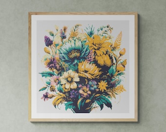 Beatiful Wildflowers bouquet with autumn leaves. Hand drawn colorful watercolor painting. Counted Cross Stitch PDF Pattern. Hand Embroidery.