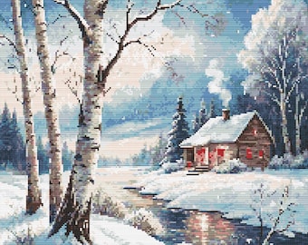Winter Landscape. Birch trees and a small cottage by the river. Watercolor painting. Counted Cross Stitch PDF Pattern. Hand Embroidery.