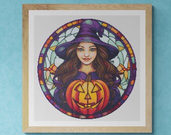 Cute Witch with carved Halloween Pumpkin. Watercolor painting in stained glass style. Counted Cross Stitch PDF Pattern. Hand Embroidery.