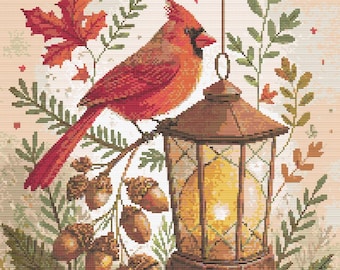 Red Cardinal on Christmas lantern with acorns and holly leaves. Watercolor Painting. Counted Cross Stitch PDF Pattern. Hand Embroidery.