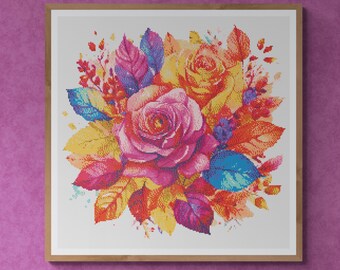 Beatiful Rose bouquet with autumn leaves. Hand drawn watercolor painting in fall colors. Counted Cross Stitch PDF Pattern. Hand Embroidery.