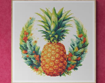 Watercolor Pineapple Christmas Wreath Decorated with Oak Leaves, Pine Pins and Berries. Counted Cross Stitch PDF Pattern. Hand Embroidery.