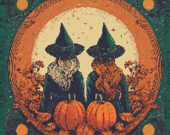 Two Witches with carved Halloween Pumpkin. Watercolor illustration made with fall colors. Counted Cross Stitch PDF Pattern. Hand Embroidery.