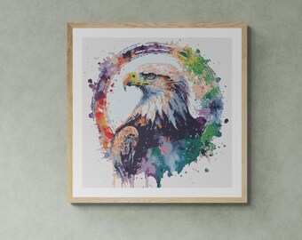 Colorful Eagle Illustration. Watercolor Style with Splashes. Counted Cross Stitch PDF Pattern, PDF for Diamond Painting and Pattern Keeper.