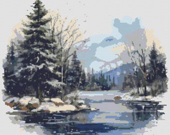 Winter Landscape with pine forest near the river in snowy weather. Watercolor painting. Counted Cross Stitch PDF Pattern. Hand Embroidery.