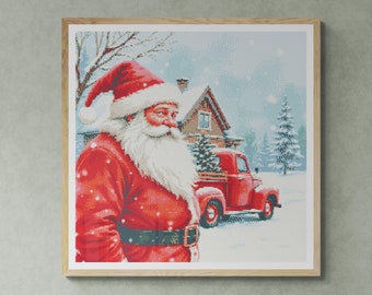 Santa Claus in front of a farmhouse and red vintage car in winter. Watercolor Painting. Counted Cross Stitch PDF Pattern. Hand Embroidery.