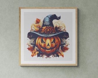 Halloween Pumpkin in witch hat and full moon. Watercolor illustration with autumn colors. Counted Cross Stitch PDF Pattern. Hand Embroidery.