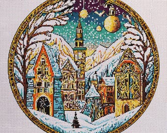 Winter Landscape. Fantastic village view in a snowy day. Stylized cartoon illustration. Counted Cross Stitch PDF Pattern. Hand Embroidery.
