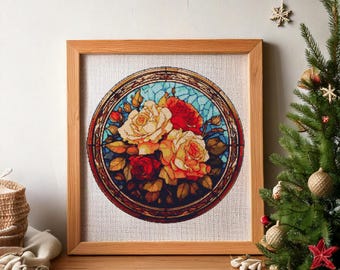 Beatiful Rose bouquet with autumn leaves. Stained glass style illustration. Fall colors. Counted Cross Stitch PDF Pattern. Hand Embroidery.
