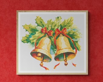 Shiny Bells as Christmas Ornament with Leaves, Berries and Red Ribbon. Watercolor Style. Counted Cross Stitch PDF Pattern. Hand Embroidery.