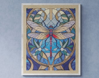 Dragonfly Flying over Autumn Leaves, Stained Glass Style, Counted Cross Stitch PDF Pattern, PDF for Diamond Painting and Pattern Keeper.