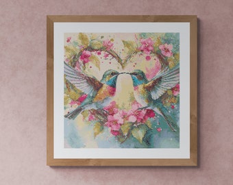 Two Colorful Humingbirds #23. With Blossoms. Watercolor Style. Counted Cross Stitch PDF Pattern, PDF for Diamond Painting and PatternKeeper.