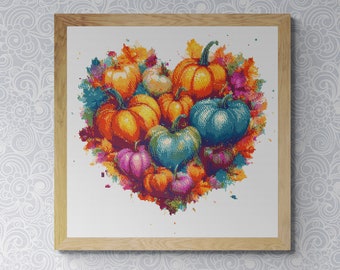 Heart Shaped Pumpkins Thanksgiving Day. Watercolor painting made with autumn colors. Counted Cross Stitch PDF Pattern. Hand Embroidery.
