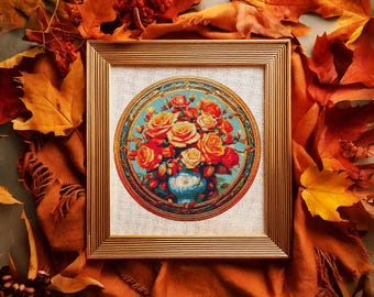 Beatiful Rose bouquet with autumn leaves. Oil painting style illustration in fall colors. Counted Cross Stitch PDF Pattern. Hand Embroidery.