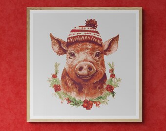 Wild Boar with Christmas Hat, Pine Pins, Red Berries and Ornaments. Watercolor Style. Counted Cross Stitch PDF Pattern. Hand Embroidery.