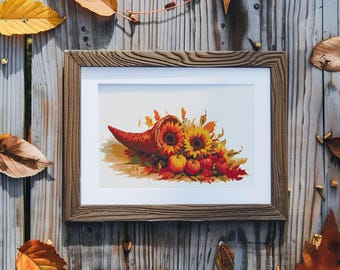 Thanksgiving Day Cornucopia, Pumpkins, Sunflowers and Autumn leaves. Watercolor painting. Counted Cross Stitch PDF Pattern. Hand Embroidery.