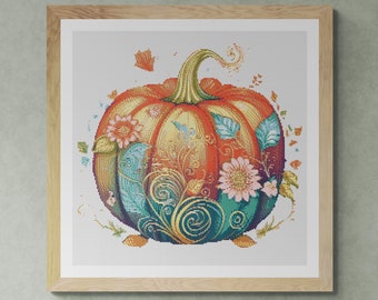 Floral Decorated Pumpkin Thanksgiving Day. Watercolor painting made with autumn colors. Counted Cross Stitch PDF Pattern. Hand Embroidery.