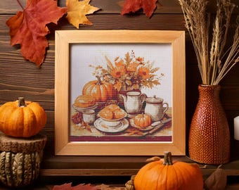 Thanksgiving Day Pumpkins, flowers and Autumn leaves on table with vintage kitchenware. Counted Cross Stitch PDF Pattern. Hand Embroidery.