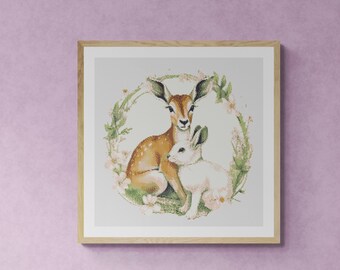 Gazelle and Bunny. Watercolor Style. Counted Cross Stitch PDF Pattern, PDF for Diamond Painting and Pattern Keeper.