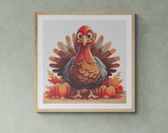 Thanksgiving Day Turkey with Pumpkins. Watercolor painting made with autumn colors. Counted Cross Stitch PDF Pattern. Hand Embroidery.