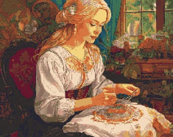 Young girl dressed in traditional clothes embroidering in a bright room. Watercolor. Counted Cross Stitch PDF Pattern. Hand Embroidery.