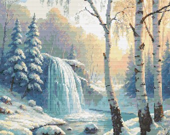 Winter Landscape. Birch trees and waterfall on a snowy sunset. Watercolor painting. Counted Cross Stitch PDF Pattern. Hand Embroidery.