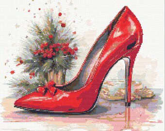 Red high heeled shoes in Christmas themed Watercolor Painting in Christmas colors. Counted Cross Stitch PDF Pattern. Hand Embroidery.