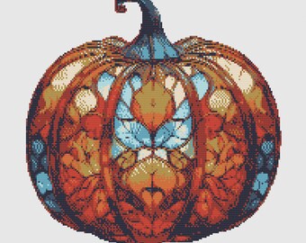 Floral Decorated Pumpkin Thanksgiving Day. Watercolor painting in stained glass style. Counted Cross Stitch PDF Pattern. Hand Embroidery.