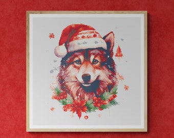Wild Wolf with Christmas Hat, Oak Leaves, Red Berries and Snowflakes. Watercolor Style. Counted Cross Stitch PDF Pattern. Hand Embroidery.