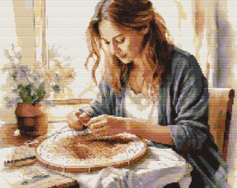 Young girl cross-stitching in the afternoon light of an autumn day. Watercolor painting. Counted Cross Stitch PDF Pattern. Hand Embroidery.