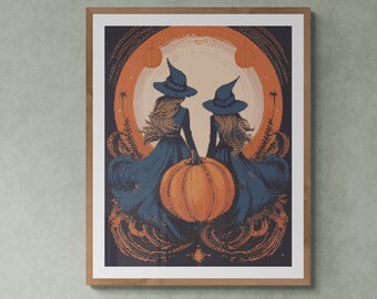 Two Witches with carved Halloween Pumpkin. Watercolor illustration made with fall colors. Counted Cross Stitch PDF Pattern. Hand Embroidery.