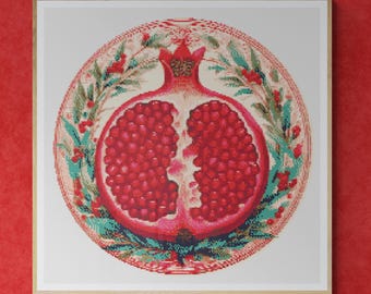 Watercolor pomegranate Christmas Wreath Decorated with Oak Leaves, Pine Pins and Berries. Counted Cross Stitch PDF Pattern. Hand Embroidery.